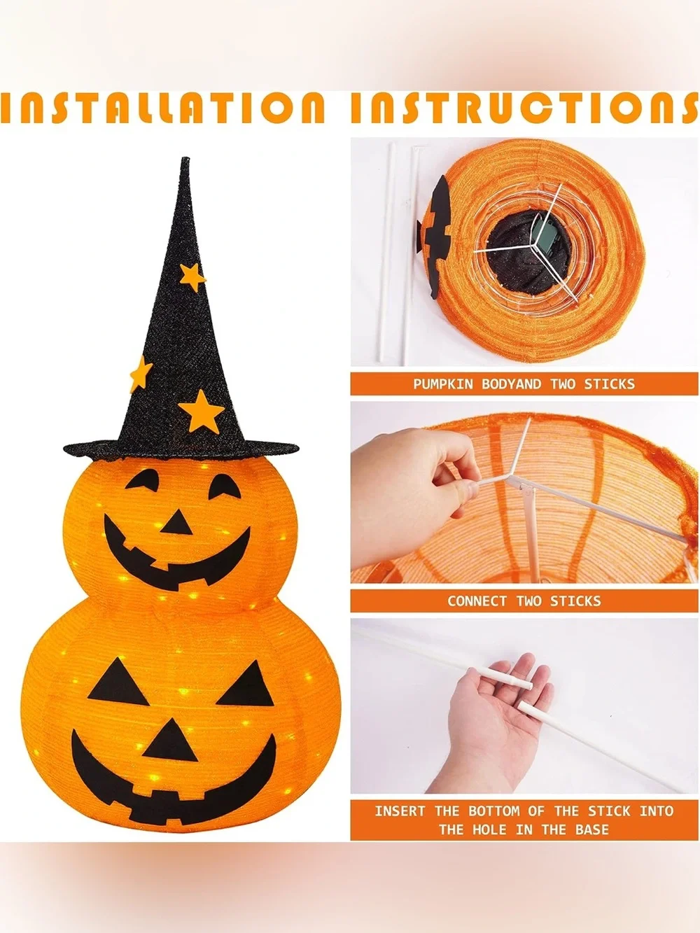 Halloween LED Orange Pumpkin Snowman Decoration with Witch Hat